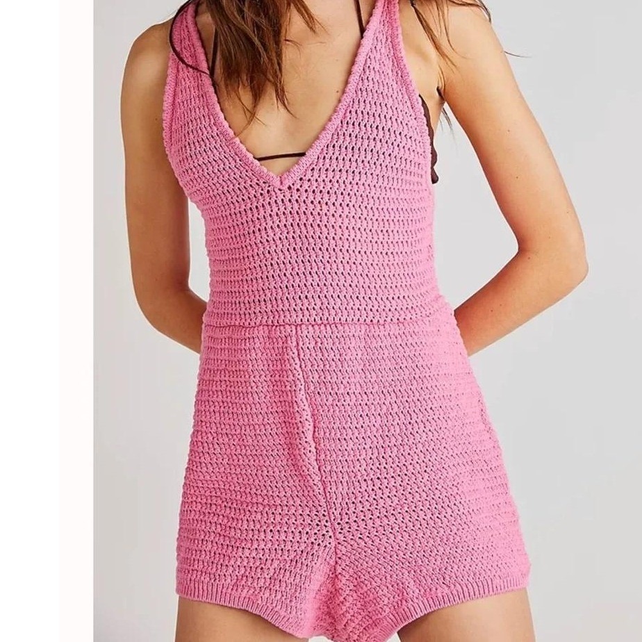 Free People Beach Romper Womens Small Pink Crochet Knit Clear Skies Boho
